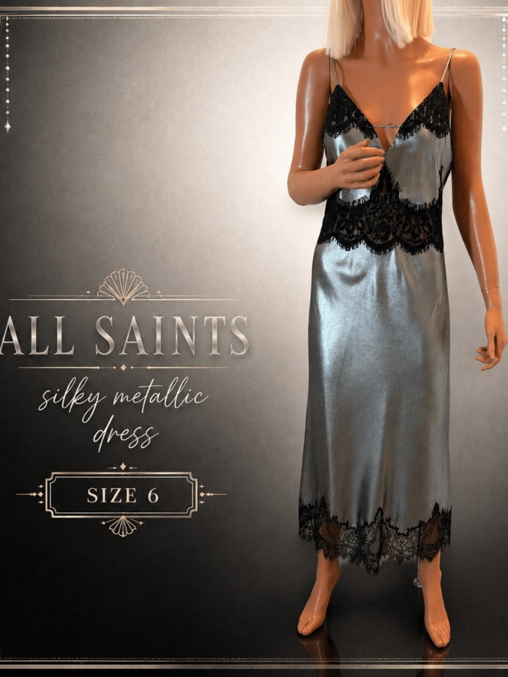 All Saints size 6 Silky Metallic Silver Lace Trim Slip Dress